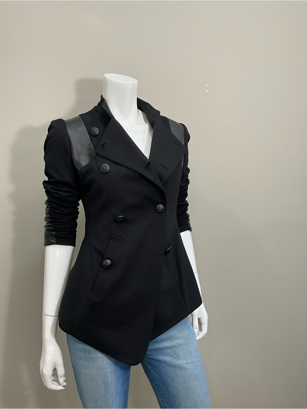YOANA BARASCHI Black Leather Trim Double Breasted Military Blazer Jacket Sz 2